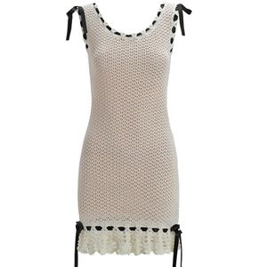 Tiger Mist Chia Dress XS white crochet with black satin ribbon trim. Worn 1x